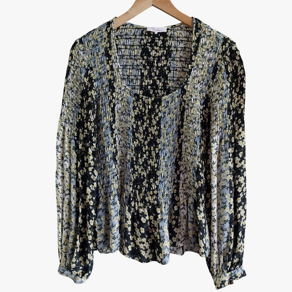 Parker Womens Silk Floral Smocked Peplum Blouse Black Daisy Balloon Sleeve Sz M - Picture 2 of 14